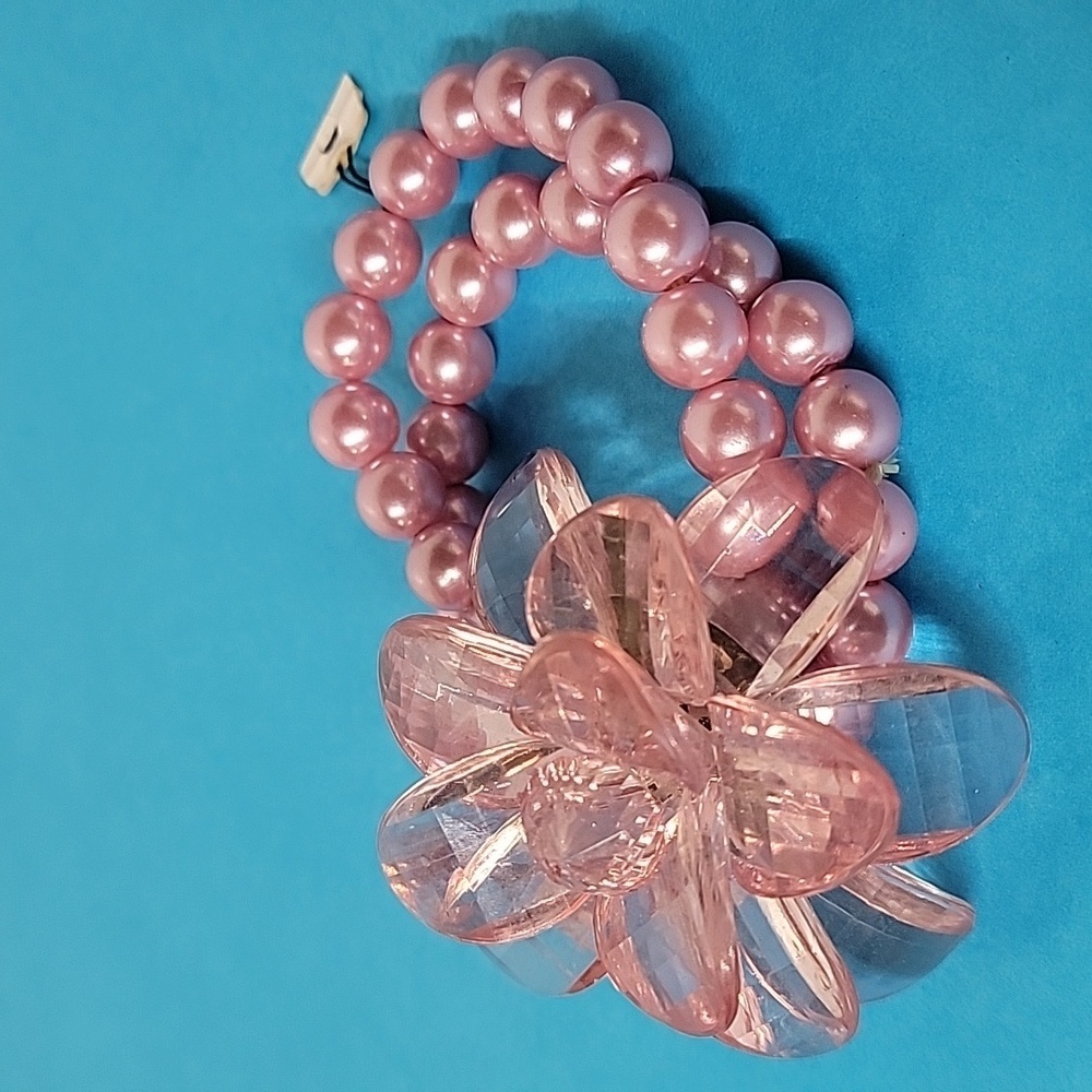 Vintage Pink Pearl Beaded with Pin Corsage Lucite Floral Embellishment Bracelet